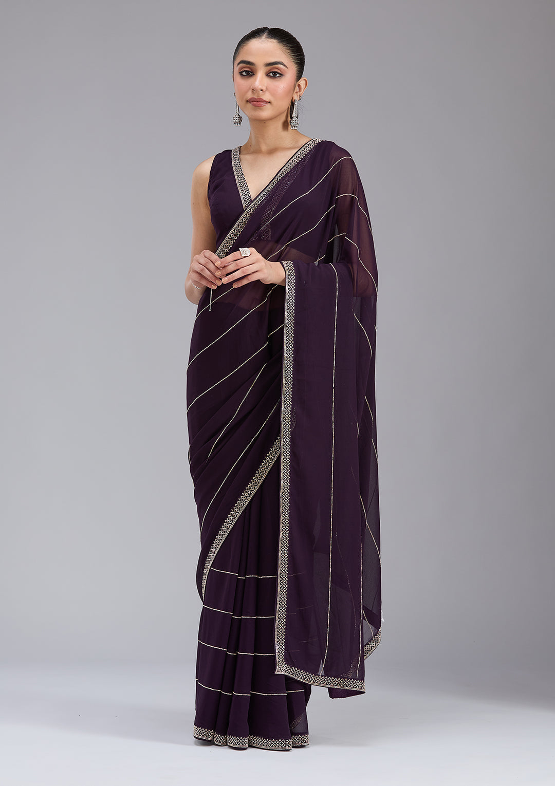 Purple Georgette Gold Stonework Saree With Matching Blouse Piece