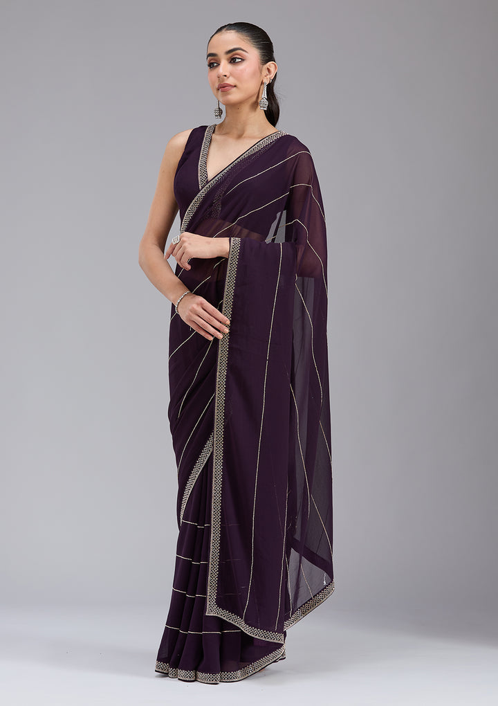 Purple Georgette Gold Stonework Saree With Matching Blouse Piece