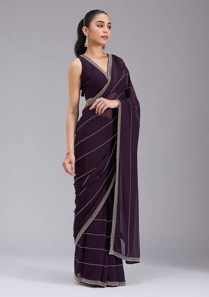Purple Georgette Gold Stonework Saree With Matching Blouse Piece