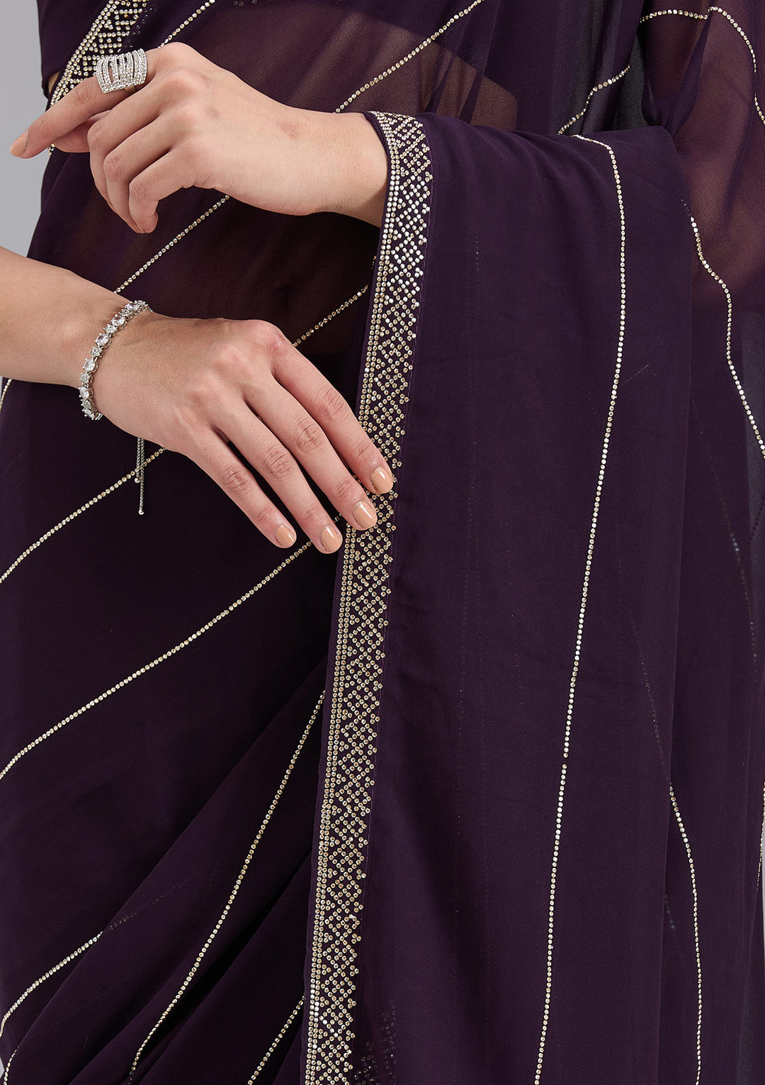 Purple Georgette Gold Stonework Saree With Matching Blouse Piece