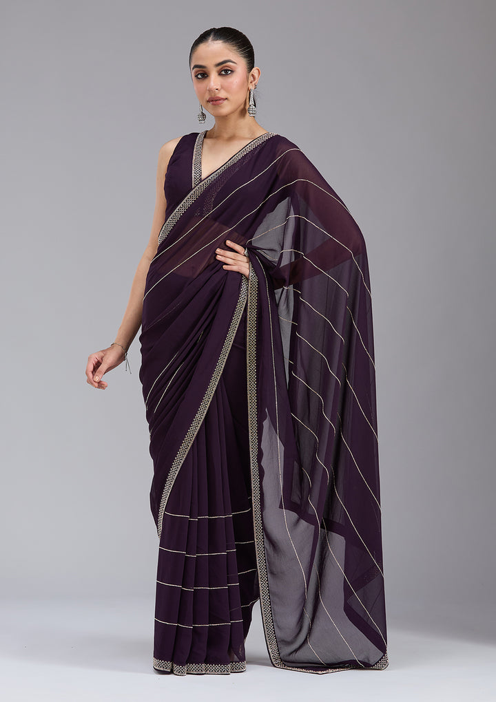 Purple Georgette Gold Stonework Saree With Matching Blouse Piece