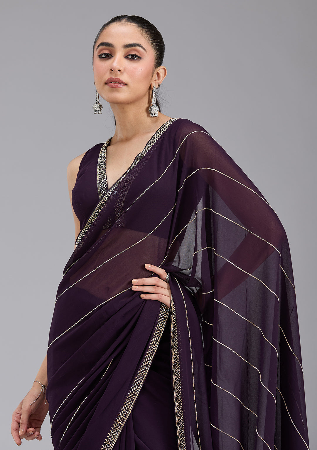 Purple Georgette Gold Stonework Saree With Matching Blouse Piece