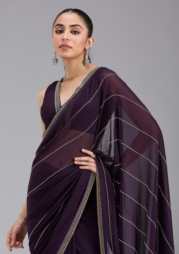 Purple Georgette Gold Stonework Saree With Matching Blouse Piece