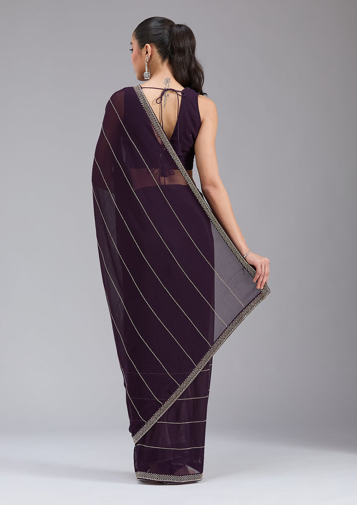 Purple Georgette Gold Stonework Saree With Matching Blouse Piece