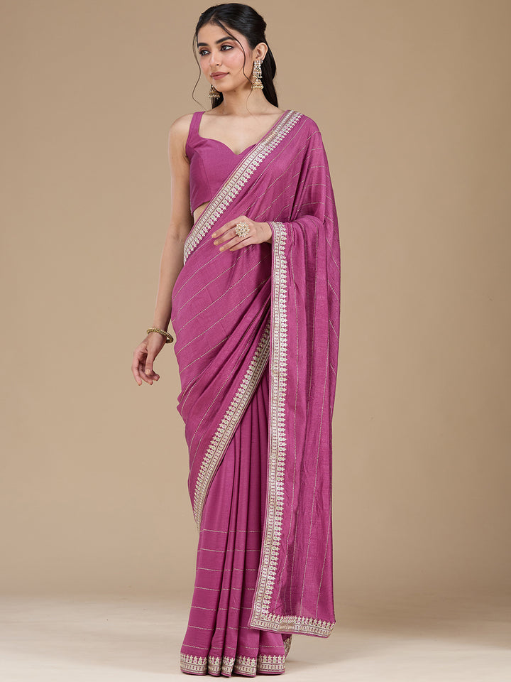 Dark Lavender Soft Raw Silk Gold Zariwork Saree With Matching Blouse Piece