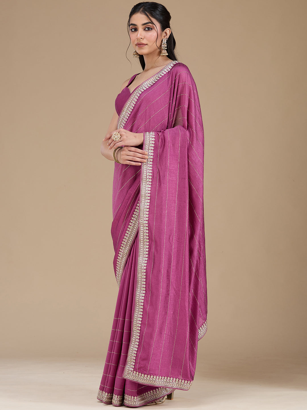 Dark Lavender Soft Raw Silk Gold Zariwork Saree With Matching Blouse Piece