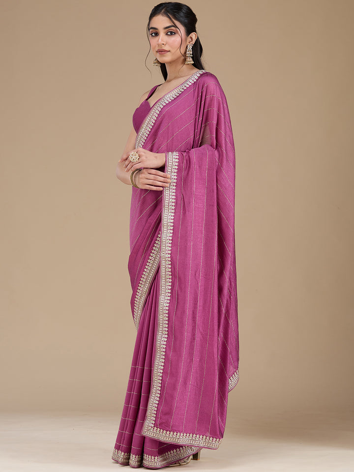 Dark Lavender Soft Raw Silk Gold Zariwork Saree With Matching Blouse Piece
