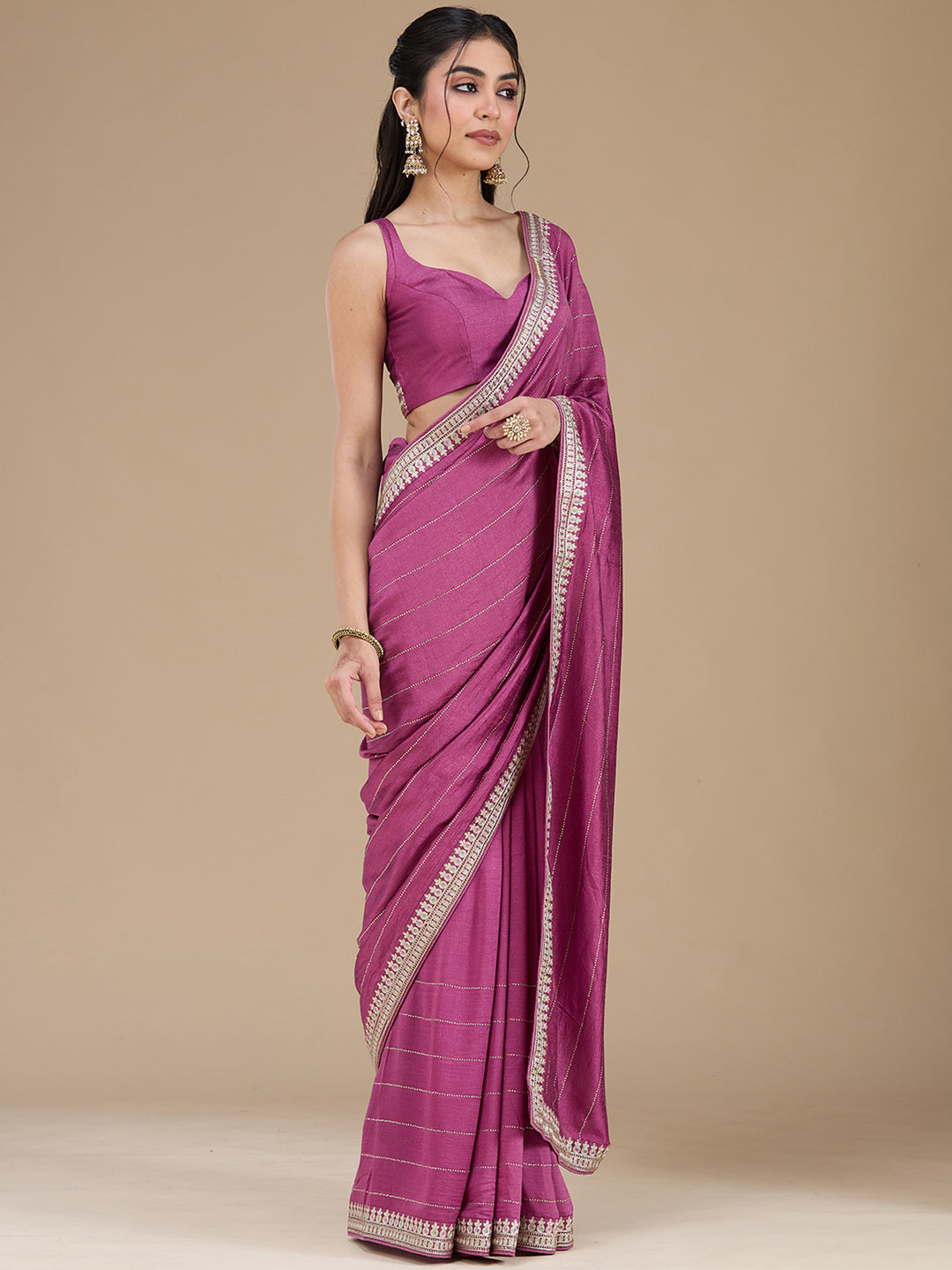 Dark Lavender Soft Raw Silk Gold Zariwork Saree With Matching Blouse Piece