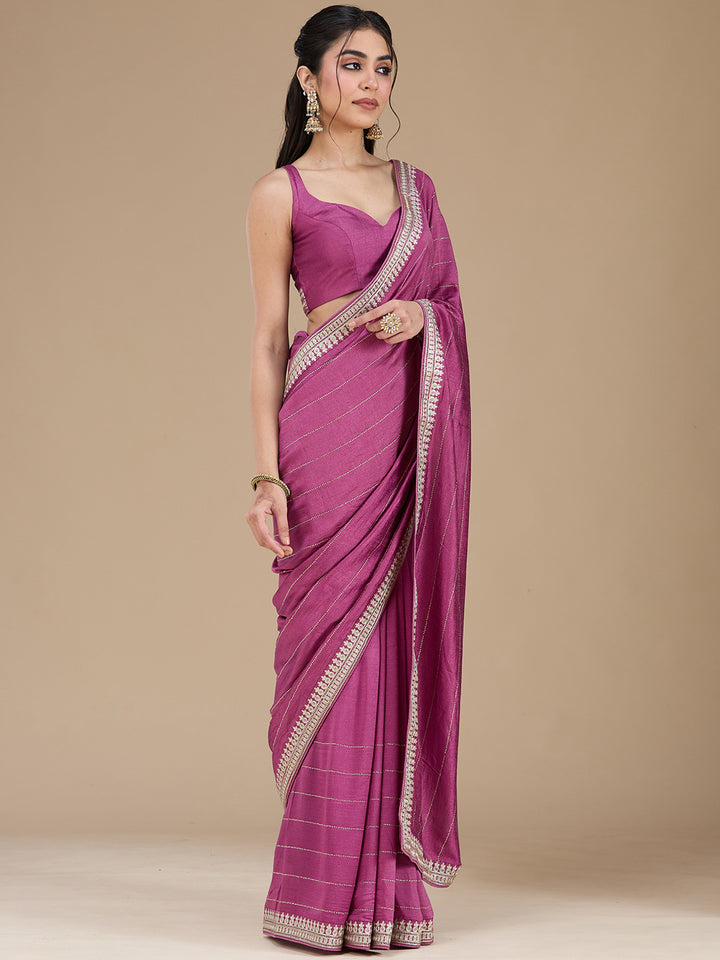 Dark Lavender Soft Raw Silk Gold Zariwork Saree With Matching Blouse Piece