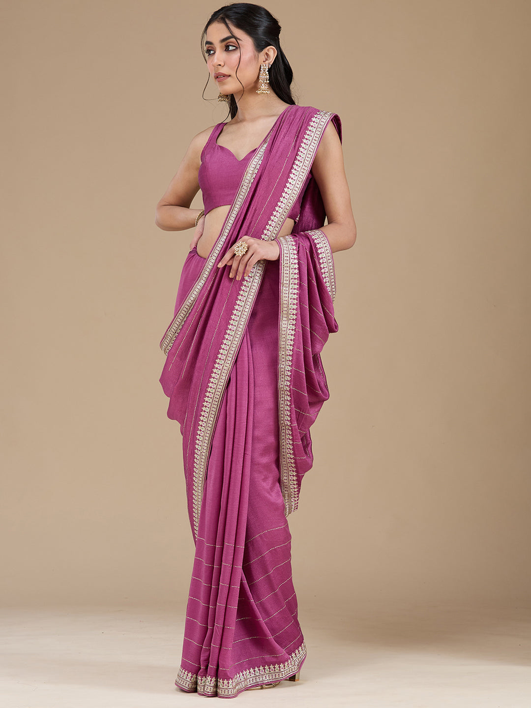 Dark Lavender Soft Raw Silk Gold Zariwork Saree With Matching Blouse Piece
