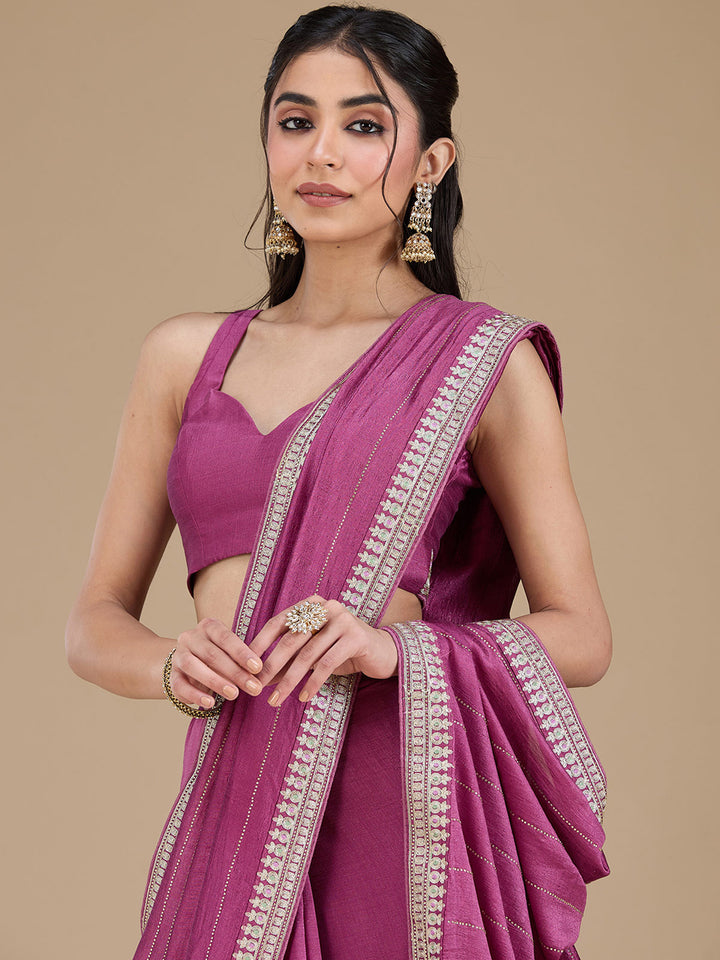 Dark Lavender Soft Raw Silk Gold Zariwork Saree With Matching Blouse Piece