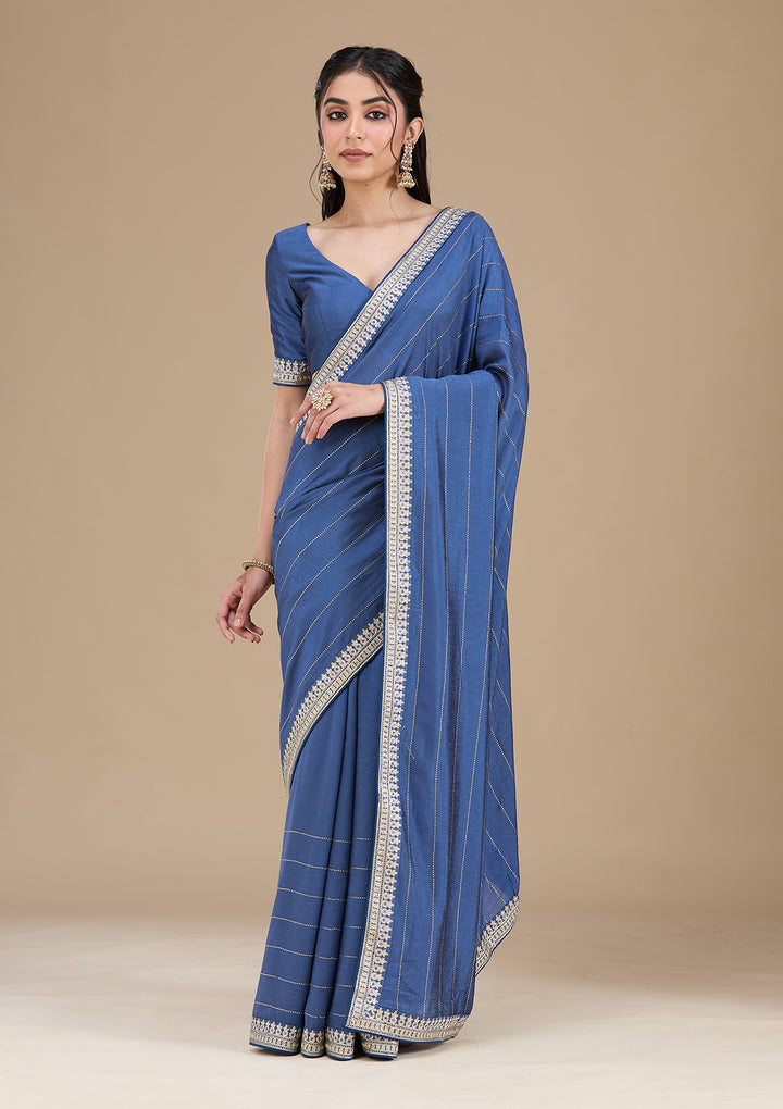 Navy Blue Soft Raw Silk Gold Zariwork Saree With Matching Blouse Piece