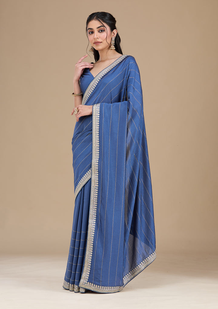 Navy Blue Soft Raw Silk Gold Zariwork Saree With Matching Blouse Piece