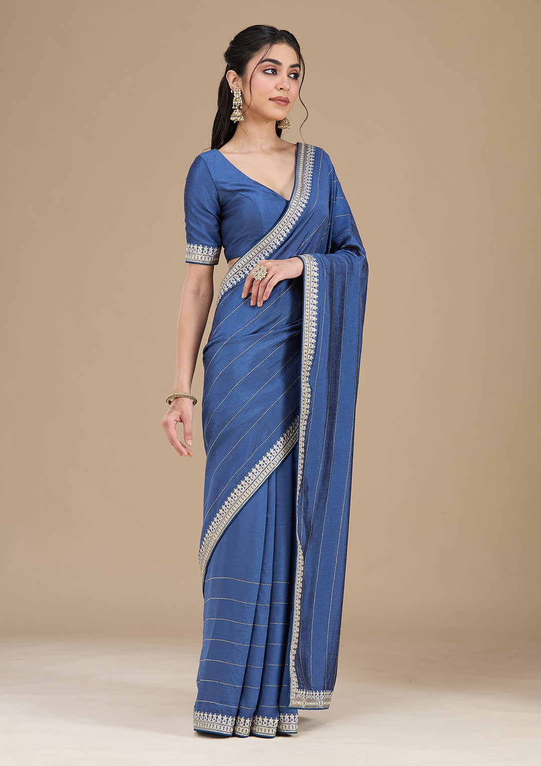 Navy Blue Soft Raw Silk Gold Zariwork Saree With Matching Blouse Piece