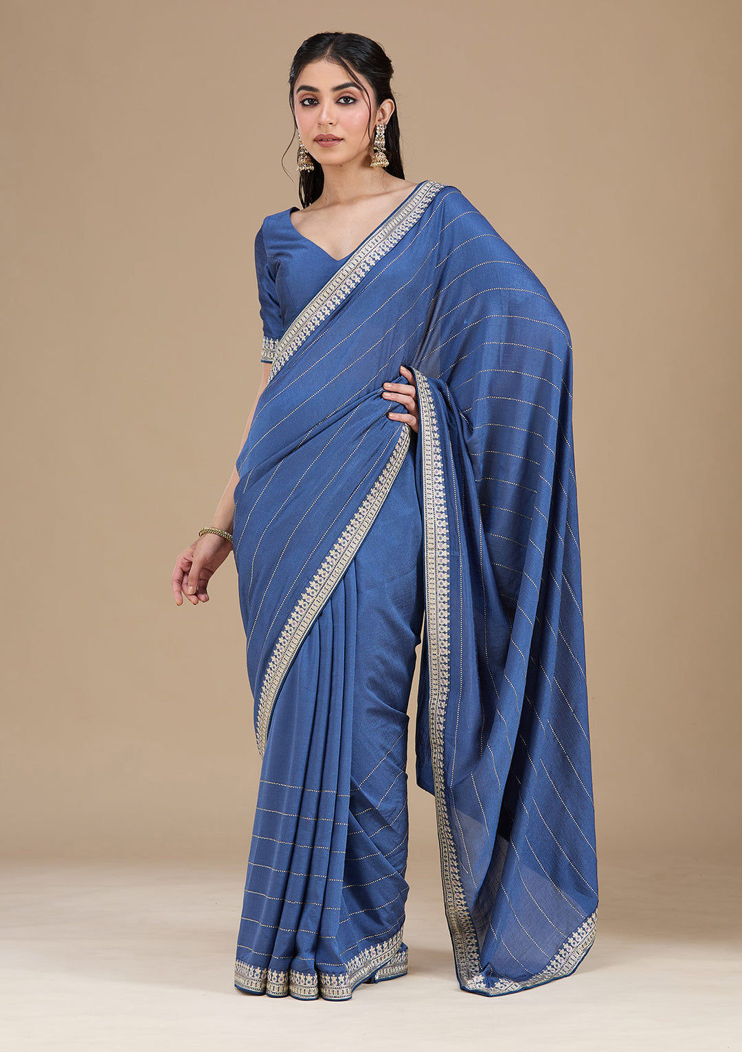 Navy Blue Soft Raw Silk Gold Zariwork Saree With Matching Blouse Piece