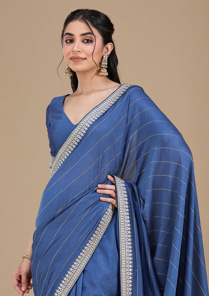 Navy Blue Soft Raw Silk Gold Zariwork Saree With Matching Blouse Piece