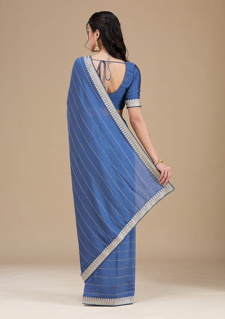 Navy Blue Soft Raw Silk Gold Zariwork Saree With Matching Blouse Piece