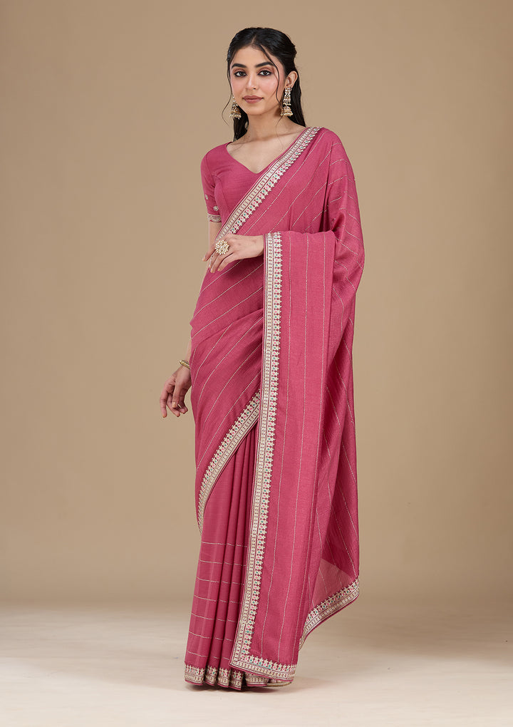 Onion Pink Soft Raw Silk Gold Zariwork Saree With Matching Blouse Piece