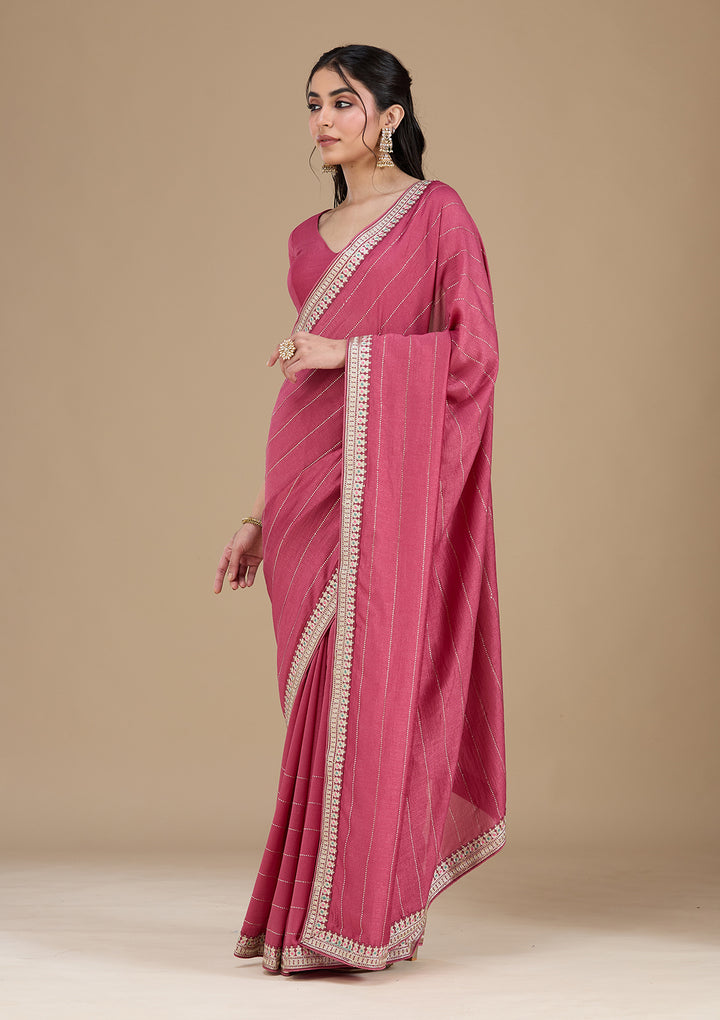 Onion Pink Soft Raw Silk Gold Zariwork Saree With Matching Blouse Piece