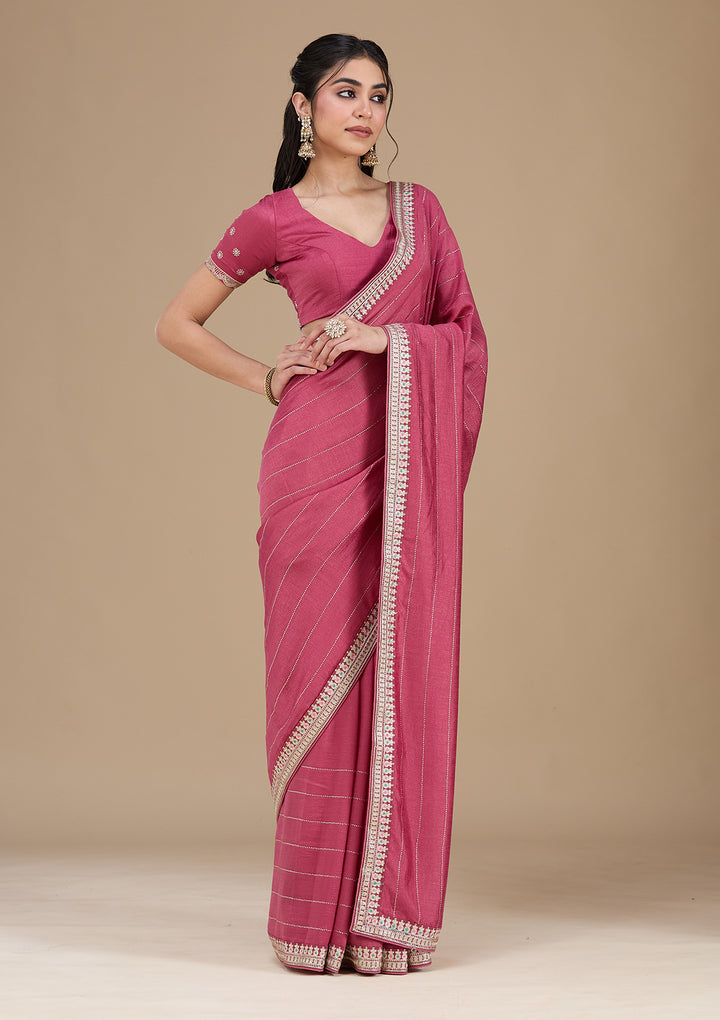 Onion Pink Soft Raw Silk Gold Zariwork Saree With Matching Blouse Piece