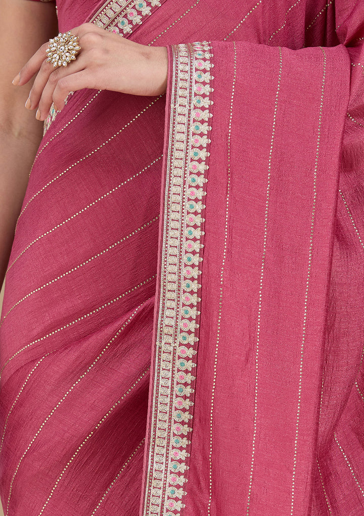 Onion Pink Soft Raw Silk Gold Zariwork Saree With Matching Blouse Piece