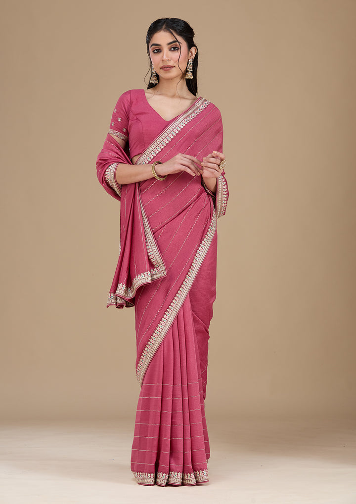 Onion Pink Soft Raw Silk Gold Zariwork Saree With Matching Blouse Piece