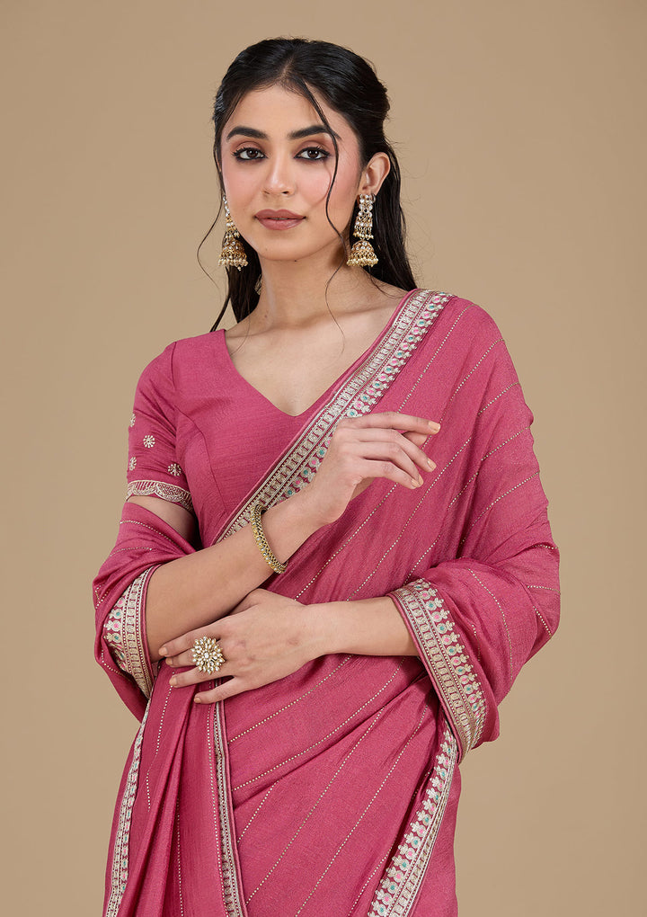 Onion Pink Soft Raw Silk Gold Zariwork Saree With Matching Blouse Piece