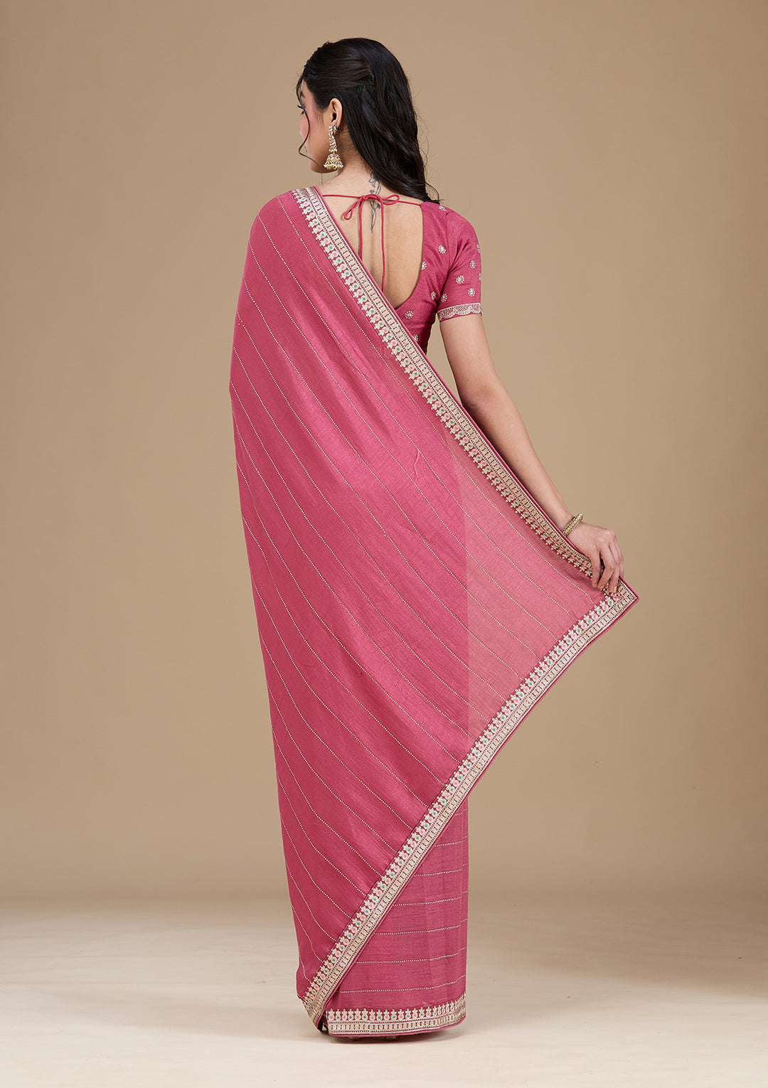 Onion Pink Soft Raw Silk Gold Zariwork Saree With Matching Blouse Piece