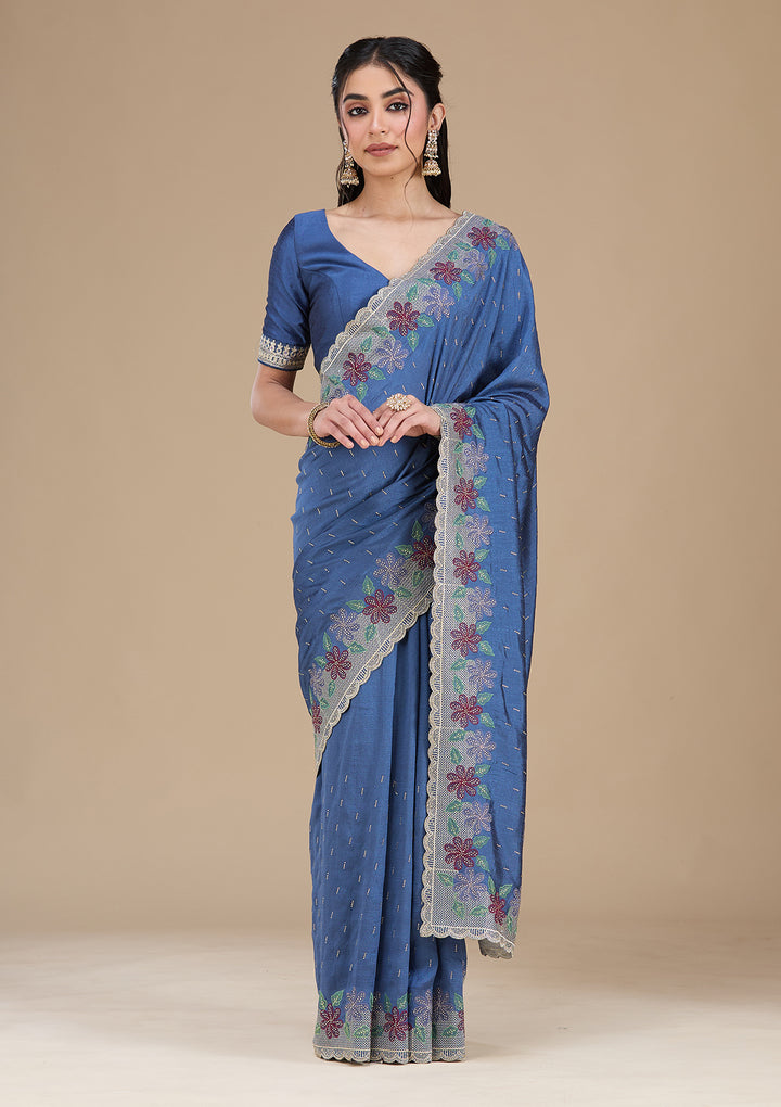 Navy Blue Soft Raw Silk Threadwork Saree With Matching Blouse Piece