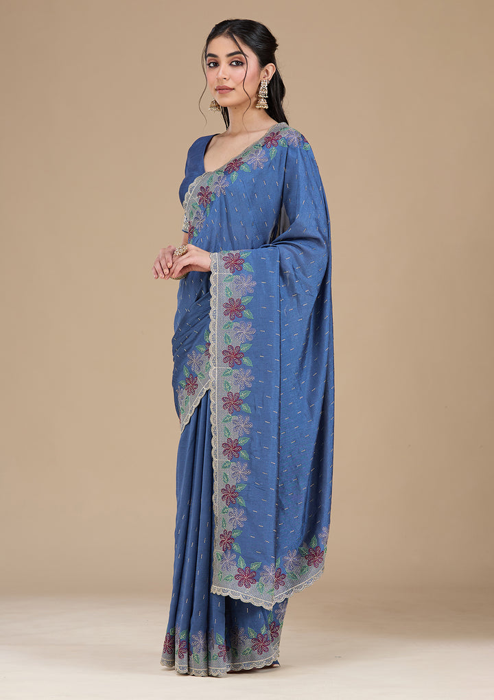 Navy Blue Soft Raw Silk Threadwork Saree With Matching Blouse Piece