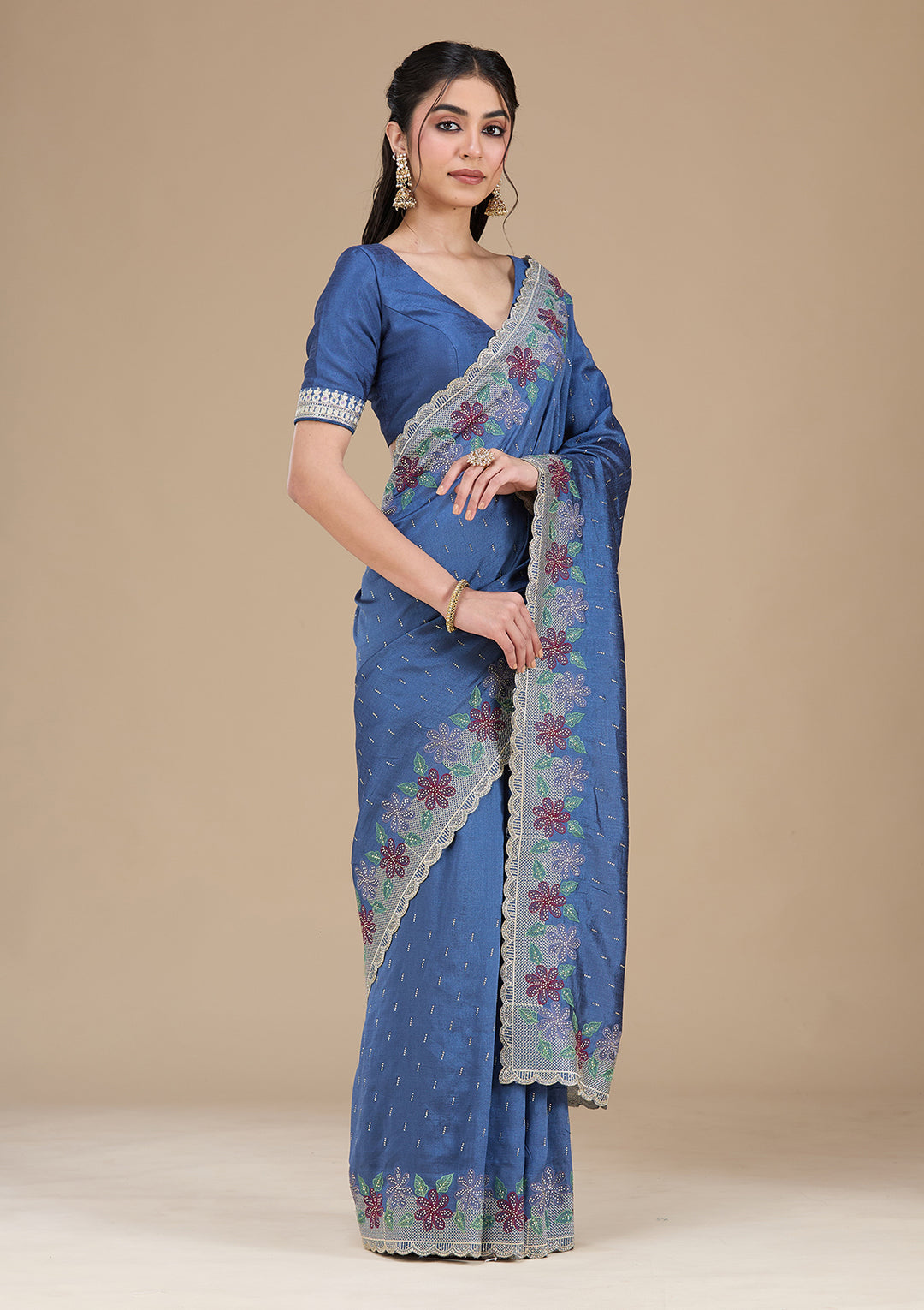 Navy Blue Soft Raw Silk Threadwork Saree With Matching Blouse Piece