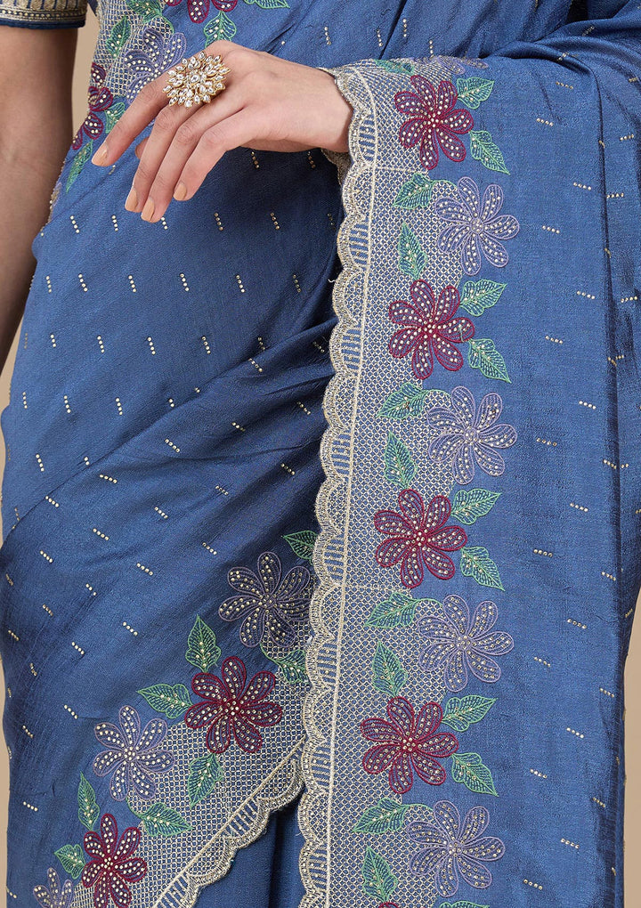 Navy Blue Soft Raw Silk Threadwork Saree With Matching Blouse Piece