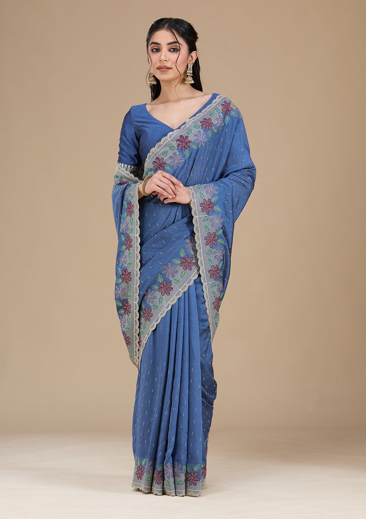 Navy Blue Soft Raw Silk Threadwork Saree With Matching Blouse Piece