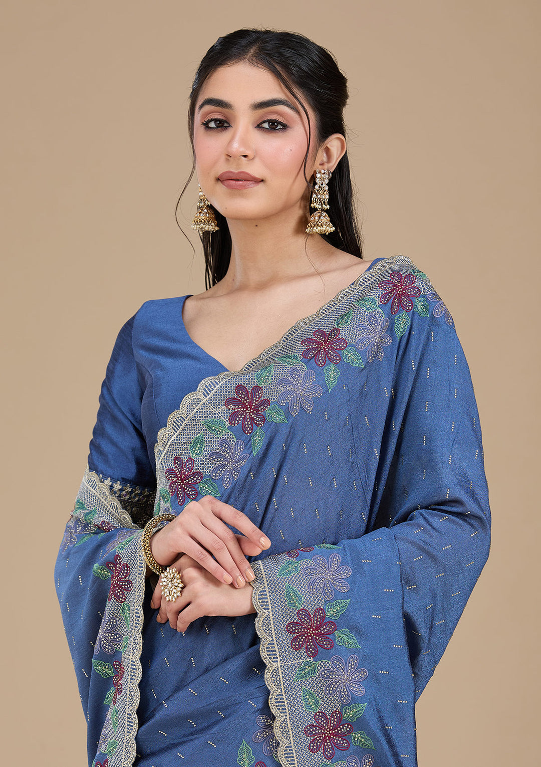 Navy Blue Soft Raw Silk Threadwork Saree With Matching Blouse Piece