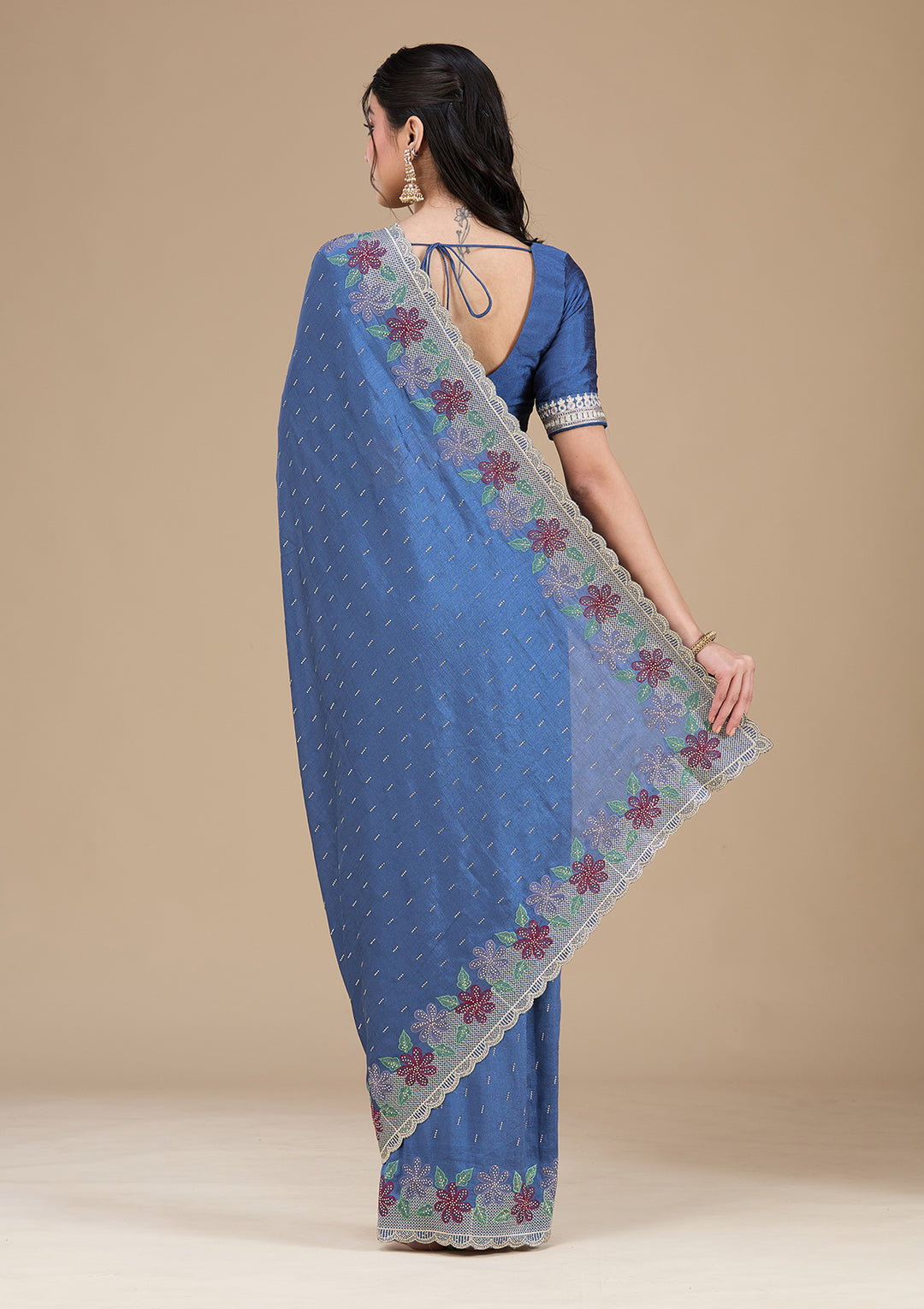 Navy Blue Soft Raw Silk Threadwork Saree With Matching Blouse Piece