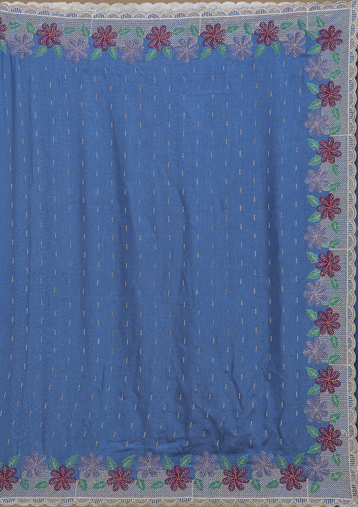 Navy Blue Soft Raw Silk Threadwork Saree With Matching Blouse Piece
