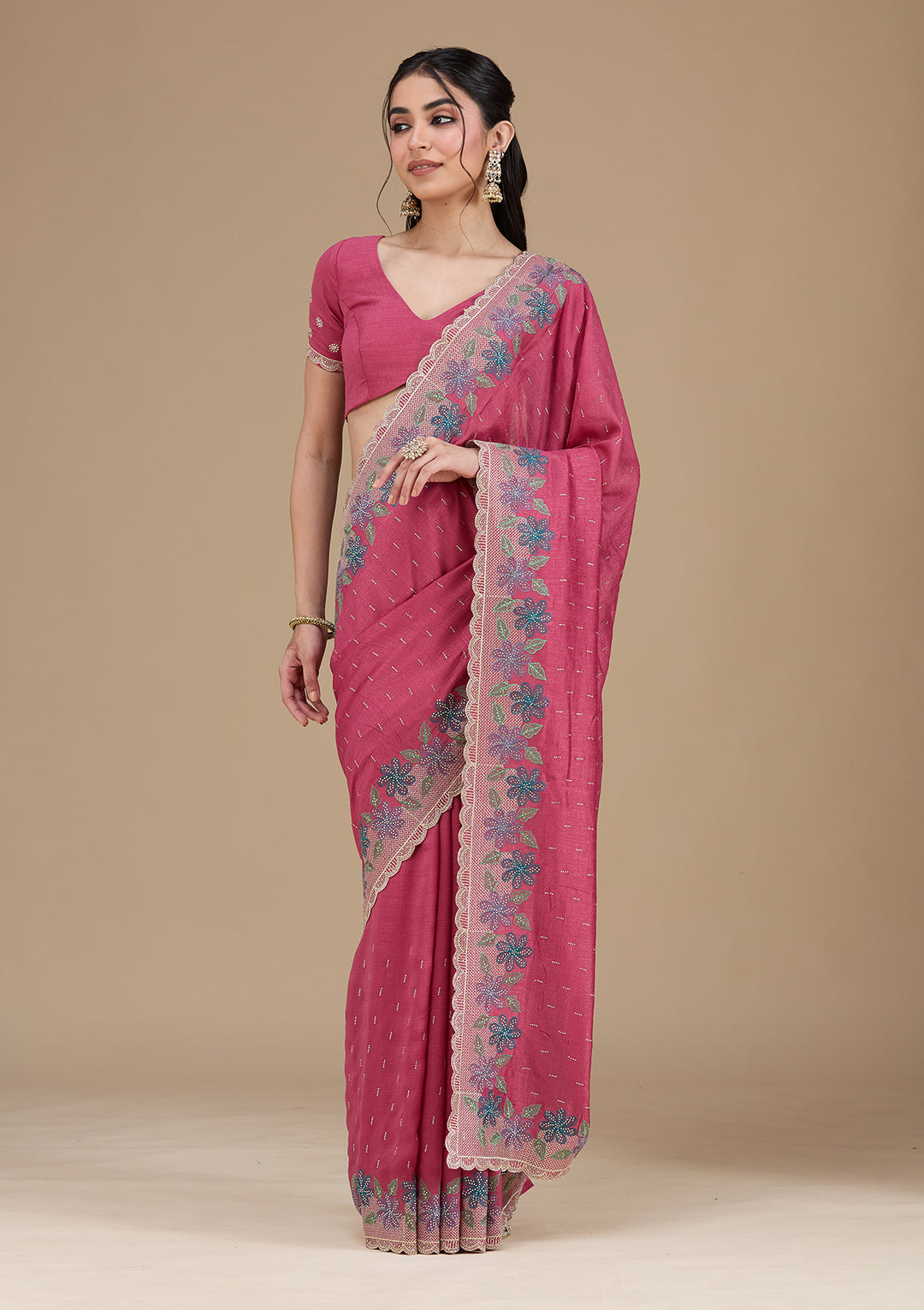 Onion Pink Soft Raw Silk Threadwork Saree With Matching Blouse Piece