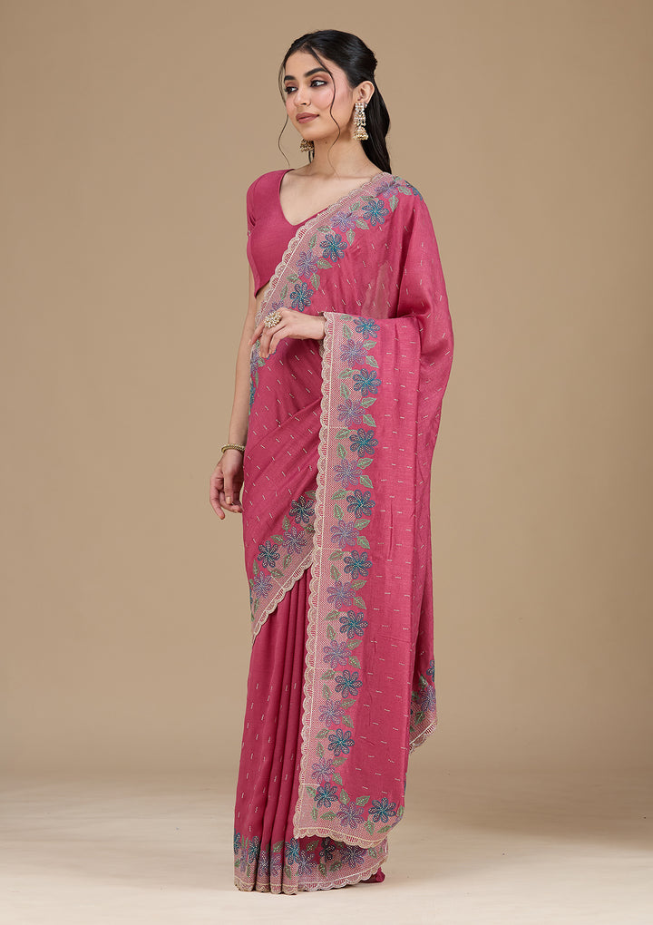 Onion Pink Soft Raw Silk Threadwork Saree With Matching Blouse Piece