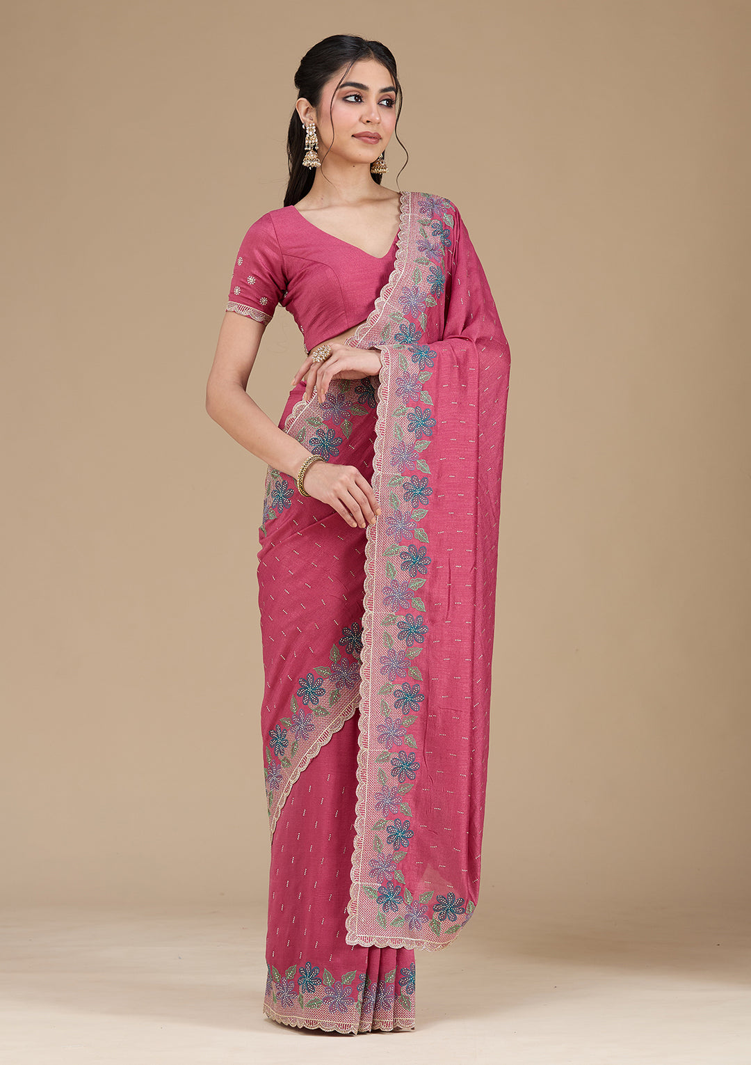 Onion Pink Soft Raw Silk Threadwork Saree With Matching Blouse Piece