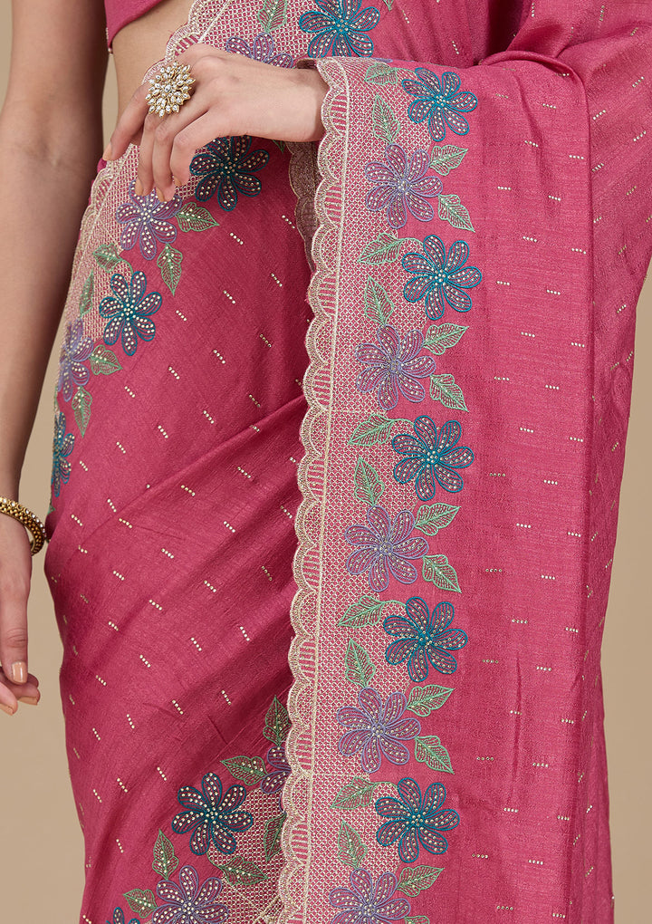 Onion Pink Soft Raw Silk Threadwork Saree With Matching Blouse Piece