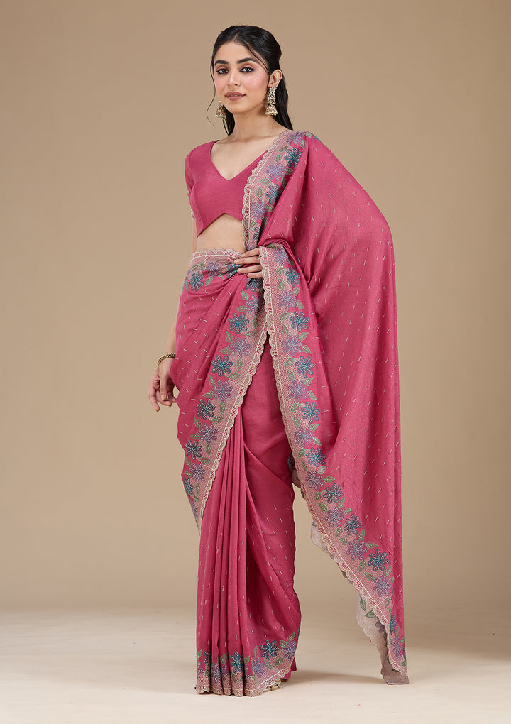 Onion Pink Soft Raw Silk Threadwork Saree With Matching Blouse Piece