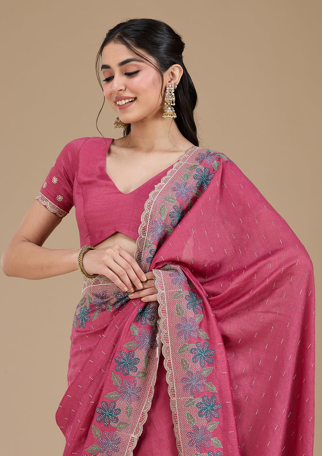 Onion Pink Soft Raw Silk Threadwork Saree With Matching Blouse Piece