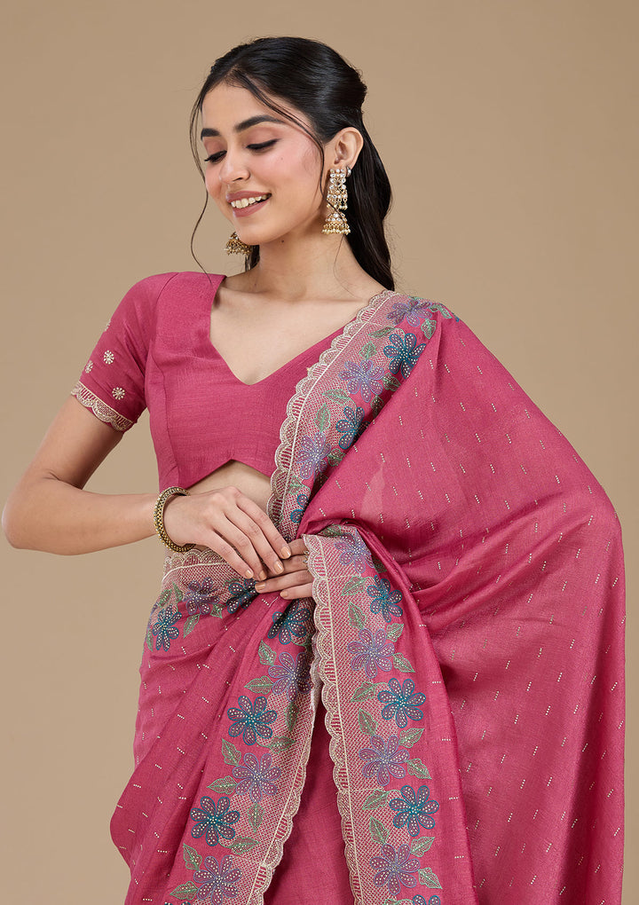 Onion Pink Soft Raw Silk Threadwork Saree With Matching Blouse Piece