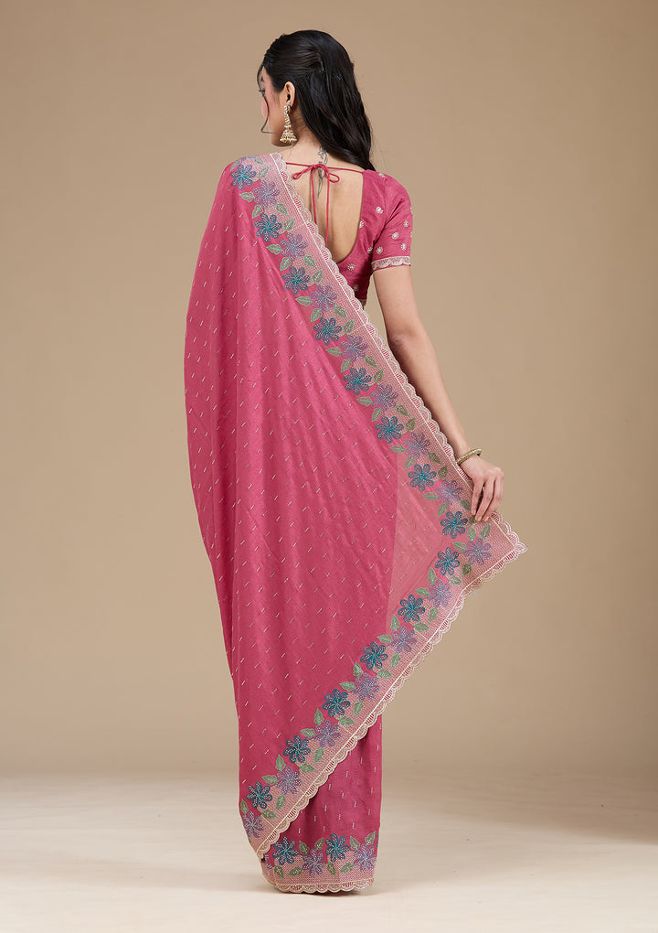 Onion Pink Soft Raw Silk Threadwork Saree With Matching Blouse Piece