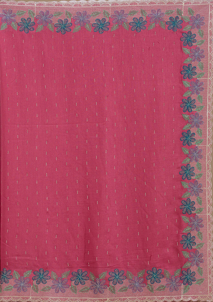 Onion Pink Soft Raw Silk Threadwork Saree With Matching Blouse Piece