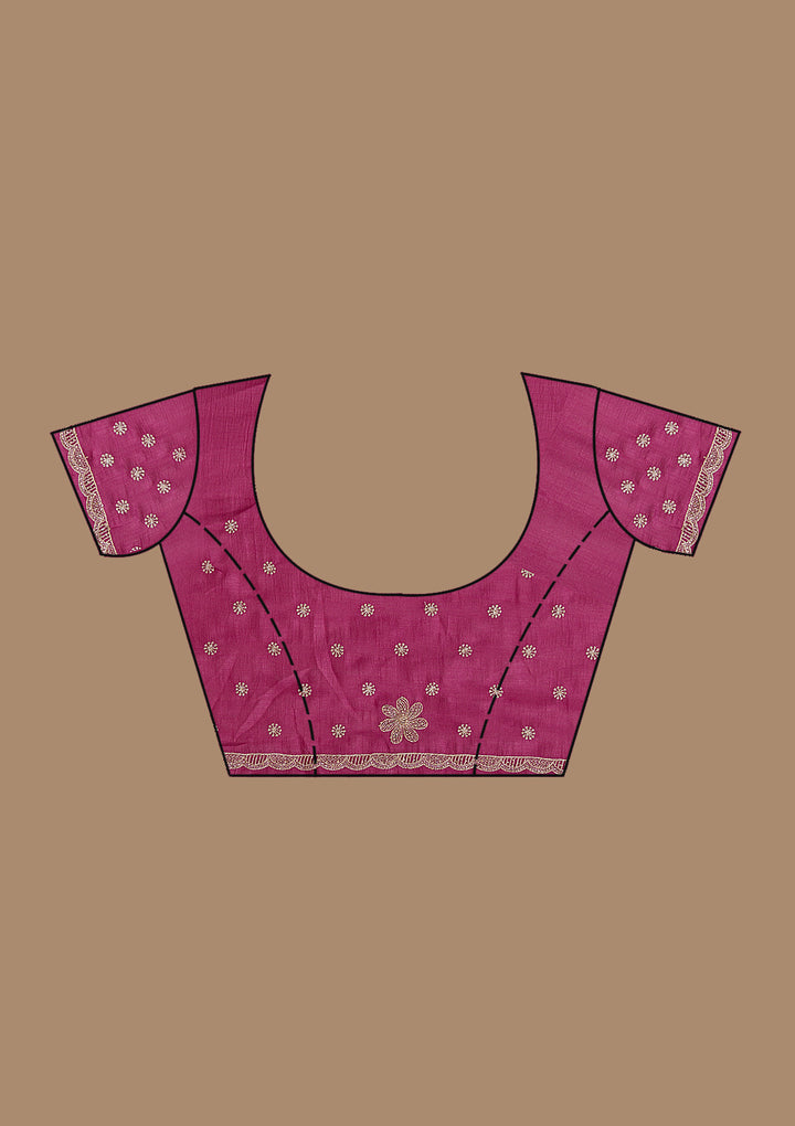Onion Pink Soft Raw Silk Threadwork Saree With Matching Blouse Piece