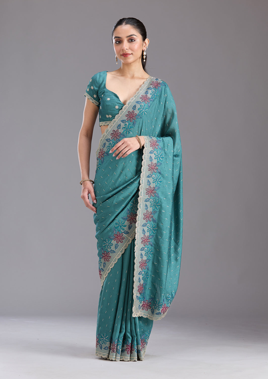 Sea Green Soft Raw Silk Threadwork Saree With Matching Blouse Piece