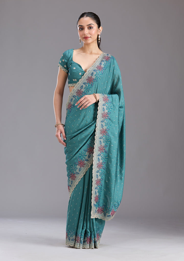 Sea Green Soft Raw Silk Threadwork Saree With Matching Blouse Piece