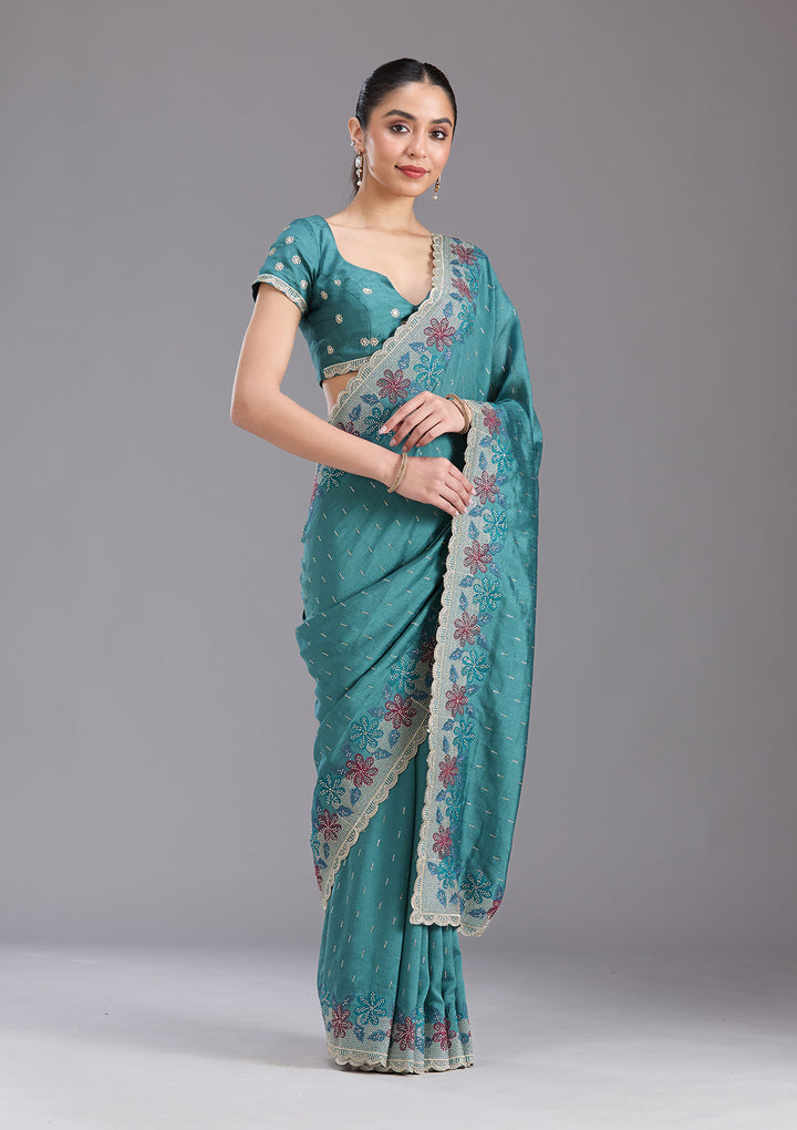 Sea Green Soft Raw Silk Threadwork Saree With Matching Blouse Piece