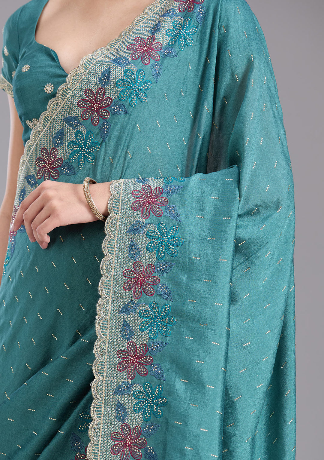 Sea Green Soft Raw Silk Threadwork Saree With Matching Blouse Piece